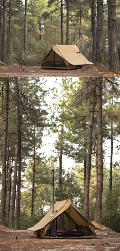 two pictures of a tent in the woods