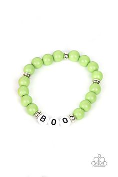 Colorful bracelets in assorted colors and shapes. The word "BOO" is spelled out on white beads creating playful spooky excitement. This stretchy beaded bracelet is in green patterns.

 Sold as one stretch bracelet. White Novelty Stretch Bracelet With Round Beads, Novelty White Stretch Bracelet With Round Beads, Playful Green Stretch Bracelet As Gift, Green Personalized Novelty Bracelets, White Beaded Novelty Stretch Bracelet, White Novelty Beaded Stretch Bracelet, Green Novelty Bracelets With Round Beads, Fun Green Beaded Bracelets With Round Beads, Fun Green Beaded Bracelets