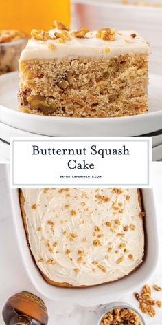 a slice of butternut squash cake with white frosting and walnuts on top