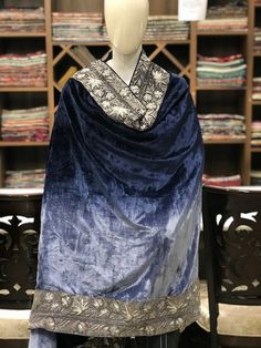 Designer Dupatta With Intricate Embroidery For Festivals, Blue Bohemian Traditional Wear For Wedding, Bohemian Blue Traditional Wear For Wedding, Blue Shawl With Zari Work In Traditional Drape, Blue Traditional Drape Shawl For Festive Occasions, Traditional Blue Shawl For Festivals, Velvet Dupatta With Embroidered Border, Velvet Dupatta With Embroidered Border In Traditional Drape, Blue Bohemian Traditional Wear With Motifs