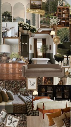 a collage of photos with furniture and decor