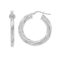 Enhance your ensembles with the timeless style of these sterling silver twisted hoop earrings.EARRING DETAILS Length: 1.3 in. Backings: click-it Metal: sterling silver Plating: rhodium Packaging: boxed  Size: One Size. Gender: female. Age Group: adult. Sterling Silver Hoop Jewelry With A Modern Twist, Modern Twist Sterling Silver Hoop Jewelry, Modern Twist Silver Hoop Jewelry, Classic Twisted Silver Jewelry, Classic Silver Twisted Jewelry, Silver Sterling Diamond Cut Hoop Earrings, Twisted Earrings, Twisted Hoop Earrings, Jewelry Earrings Hoops