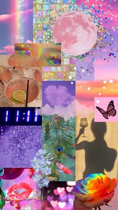 a collage of images with different colors and shapes in the middle one has a bird on it