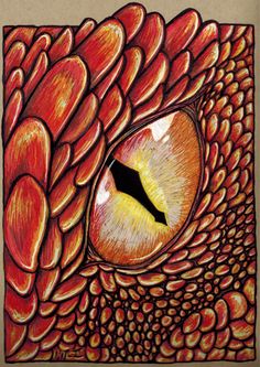 the eye of a dragon is drawn in colored pencils on brown paper with an orange background