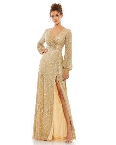 Multi-colored sequin evening gown with a plunging v-neckline, long sleeves, and thigh-high slit. Mac Duggal Fully Lined 100% Polyester V-Neck Long Sleeve Full Length Style #5213 Vestidos Color Coral, Cutout Gown, Silver Gown, Sequin Evening Gowns, Dazzling Dress, Gaun Fashion, Sheath Gown, Mac Duggal Dresses, Long Sleeve Gown