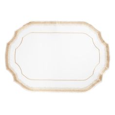 an empty white plate with gold trim