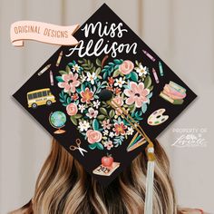 a woman wearing a black graduation cap with flowers and school supplies on it's side