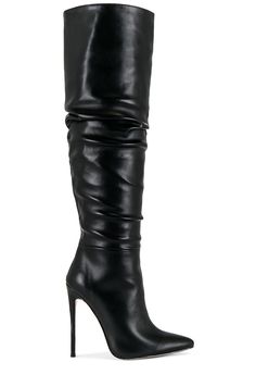 Faux leather upper with manmade sole.  Made in China.  Pull-on styling.  Smooth faux leather fabric.  Pointed toe.  Stiletto heel.  .  Approx 120mm/ 4.75 inch heel, Approx 476mm/ 18.75 inch shaft.  .  .  .  .  .  .  .  . Black Knee High Boots Outfit, Ladies Heels, Black Leather Knee High Boots, Black Knee Boots, Beige Boots, Shoes Heels Classy, Hot Boots, Heels Classy, Closet Goals