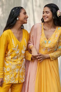 Yellow anarkali with floral pearl and sequin embroidered yoke. Paired with a pink dupatta. - Aza Fashions V Neck Anarkali, Yellow Anarkali, Anarkali With Dupatta, Pink Dupatta, Beaded Neckline, V Neck Top, Yellow Top, Silk Embroidery, Pant Set