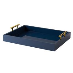 a blue tray with two gold handles on it