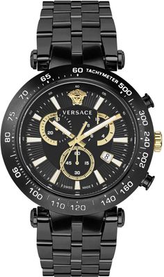 Versace VEJB00722 V-Race Bold Chrono black gold Stainless Steel Men's Watch NEW VERSACE VEJB007 22 V-RACE BOLD Men's Watch FEATURES: Date, Chronograph, Tachymeter MOVEMENT: Quartz GLASS: Sapphire Glass DIAL COLOR: black/gold CASE WIDTH: 46 mm CASE MATERIAL: Stainless Steel CASE COLOR: black BAND MATERIAL: Stainless Steel BAND COLOR: black WATER RESISTANCE: 5 ATM EAN 7630615117621 SWISS MADE BRAND NEW WITH TAG, BOX & AUTHENTICITY CARD with Certilogo CLG authenticity code and 2 year international Designer Black Automatic Chronograph Watch, Designer Black Chronograph Watch For Formal Occasions, Luxury Black Automatic Watches, Designer Black Chronograph Watch For Formal Events, Designer Black Watches With Subdials, Designer Black Analog Watches, Luxury Black Chronograph Watch, Luxury Black Automatic Watch, Luxury Black Watches