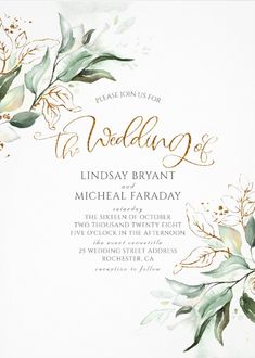 a wedding card with watercolor flowers and greenery on the front, in gold foil