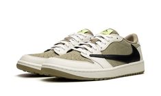 The Travis Scott x Air Jordan 1 Low Golf “Neutral Olive” is a collaboration by the rap superstar on the alternate golf version of the retro basketball sneaker.  Travis Scott’s Jordan 1 Low Golf is the follow-up to the Texas native’s other sought after Air Jordan 1 collaborations that date back to 2019.  Here, Scott adds his signature aesthetic to the Jordan 1 Low Golf, marking the first time that the hip-hop artist has released a golf sneaker.  The “Neutral Olive” features a similar color scheme Travis Scott 1, Jordan Golf, Reverse Mocha, Green Jordans, Sneaker Shop, Jordan Sneaker, Limited Edition Sneakers, Cactus Jack, Nike Dunk High