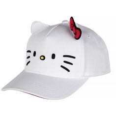 Show your love for Hello Kitty with this adorable, snapback hat. This white hat features the Hello Kitty face embroidered on the front with her sweet whiskers and charming expression. But that is not all; this snapback hat also boasts 3D ears and her amazing red bow, adding an extra dimension to your style. Constructed with great materials, this Hello Kitty Snapback Hat is stylish and comfortable to wear. The adjustable snapback closure ensures a secure and customizable fit for various head size White Adjustable Kawaii Hat, Cute White Baseball Cap With Curved Brim, Cute White Snapback Hat With Curved Brim, Cute White Adjustable Snapback Hat, Cute Adjustable White Snapback Hat, Cute White Curved Brim Baseball Cap, Playful White Trucker Hat, White Novelty Snapback Hat With Curved Brim, Fun White Snapback Hat With Flat Bill