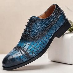 Category:Oxfords; Upper Materials:Cowhide; Lining Materials:Leather; Season:Fall,Winter; Gender:Men's; Toe Shape:Round Toe; Outsole Materials:EVA (Ethylene Vinyl Acetate); Occasion:Daily,Home; Closure Type:Lace-up; Function:Comfortable,Slip Resistant; Listing Date:09/09/2024; 2024 Trends:Crocodile Pattern Business Wear, Leather Oxford Shoes, Crocodile Pattern, 2024 Trends, Mens Oxfords, Cowhide Leather, Formal Event, Blue Man, Dress Shoes Men