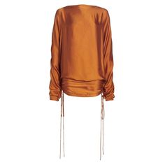 A Rich Burnt Orange Hue Finished In Sumptuous Satin Offers A Liquid Feel To This Long-Sleeve Boatneck Mini Dress, Designed With Functional Side Ruching That Works To Raise Or Lower The Length Of The Dress. Turn To Reveal A Plunging V-Back Cut That Finishes The Piece With A Dramatic Appeal. Boatneck Long Draped Sleeves Ruched Drawstring Blouson Hem Plunging V-Back Satin Finish Cupro Dry Clean Made In Usa Size & Fit Oversized Fit About 35" From Shoulder To Hem Black Line Drawn To Prevent Store Ret Long Drapes, Draped Sleeves, Laquan Smith, Color Trends Fashion, Snake Print Dress, Ruched Mini Dress, Drape Sleeves, Strapless Midi Dress, Black Line