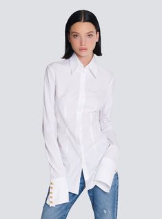 Fitted poplin shirt white - Women | BALMAIN Fall Moodboard, Winter Wishlist, Reindeer Headband, White Shirts Women, Polo Long Sleeve, Polo Sweatshirt, Button Long Sleeve, Denim T Shirt, Extra Long Sleeves