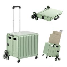 two pieces of luggage with wheels, one in light green and the other in beige