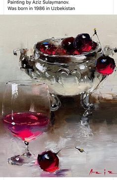 an oil painting of cherries in a bowl and wine glass on a table top