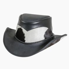 This exquisite Pinto leather cowboy hat offers the perfect combination of western and urban style. Its classic western outback brim, hair on calf mid crown, and brown three-braided band with a brown leather tab make for a sophisticated and timeless design. Whether you're looking to complete a cosmopolitan look or embrace your inner cowboy, this classic piece will always be en vogue. Featuring a super comfortable removable sweatband liner that attaches securely with velcro tabs sewn-in to the hat Leather Fedora Hats For Rodeo, Leather Brimmed Fedora For Rodeo, Western Leather Fedora With Flat Brim, Western Style Leather Fedora With Flat Brim, Leather Fedora For Rodeo With Short Brim, Wide Brim Leather Fedora For Western-themed Events, Leather Wide Brim Fedora For Western-themed Events, Leather Fedora With Short Brim For Western-themed Events, Western Style Leather Hat With Short Brim