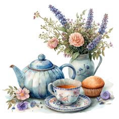 watercolor painting of tea, muffins and flowers