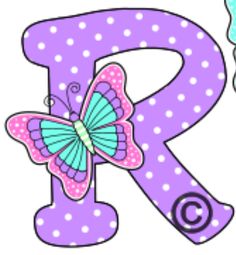 the letter r is decorated with polka dots and a butterfly on it's upper case