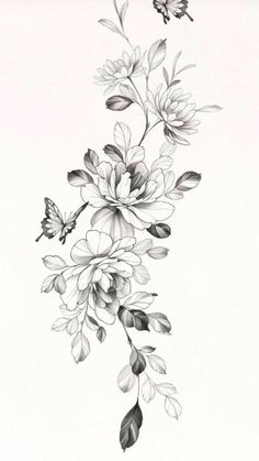 a black and white drawing of flowers with a butterfly flying over the flower petals on it