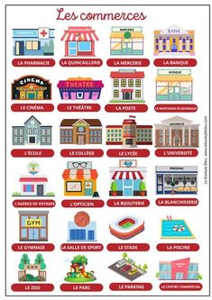 a poster with different types of buildings and names in french, including the name of each building