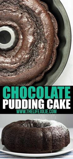 chocolate pudding cake in a bundt pan with text overlay