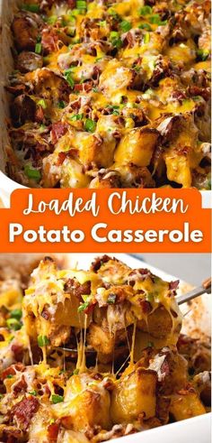 loaded chicken potato casserole in a white dish