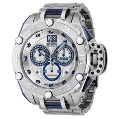 This eye-catching Invicta watch from the SHAQ collection is powered by an accurate Quartz movement, 0.3024 carats of genuine diamonds, and a solid steel, dark blue case. Its face is decorated by a silver, dark blue, white , metal dial, and protected by a sturdy Flame Fusion Crystal. A steel, dark blue , band completes this timepiece that can resist water for up to 200 m. Imparting a formidable aesthetic, the Invicta Shaq collection embodies the attributes and energy of the world-renowned Shaquil Watch Display Case, Mens Invicta Watches, Diamond Watches For Men, Watch Display, Best Watches For Men, Blue Cases, Invicta Watches, Blue Steel, Blue Band