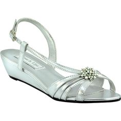 The perfect wedge for that outdoor event! This low heeled sandal features an ornate broach and a slingback with an adjustable strap with buckle for fit. The White Satin version is dyeable. Size: 9.  Color: Silver.  Gender: female.  Age Group: adult.  Pattern: metallic. High Heels For Prom, Silver Wedges, Evening Sandals, Low Heel Sandals, Silver Sandals, Prom Shoes, Evening Shoes, Silver Shoes, Up Shoes