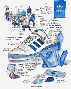 an illustrated drawing of adidas shoes and other items in blue, white and grey colors