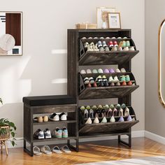 there are many pairs of shoes on the shelves in this room and one is empty