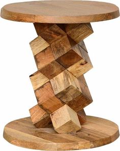 a wooden stool made out of wood blocks