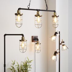 four lights are hanging on the wall next to a potted plant and a light fixture