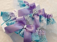 "Lavender Turquoise Bridal Garter Set, Purple Wedding Garter Set, Blue Garter Set, Garter For Bride, Garter Belt For Wedding, Personalized Make your wedding day even more special with this two piece bridal garter set. Using a tape measure, simply measure around your thigh in the spot where you will be wearing the garter (usually about 4\" above your knee). Use that measurement as a guide to select the correct size for your garter. Please measure your thigh carefully to select the correct size. A Bride Garter, Wedding Garter Blue, Blue Garter, Bridal Garters Set, Wedding Personalized, Wedding Garter Set, Ivory Bridal, Bridal Garter, Wedding Garter