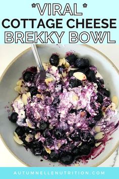 a bowl filled with blueberries and almonds next to the words virtual cottage cheese breky bowl