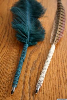 two feathers are sitting on the table next to each other, one has a pen in it