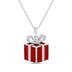 Check their name off Santa's list with this jolly Christmas present necklace, a perfect stocking stuffer. Sterling silver The red enamel pendant is topped by a round-cut white lab-created sapphire-touched bow 18-inch cable chain with lobster clasp Gift-ready Silver Jewelry, Sterling Silver Round Necklace For Christmas, Silver Jewelry Christmas Gift For Her, Red Sterling Silver Jewelry For Gift, Enamel Necklaces For Anniversary On Valentine's Day, Red Enamel Charm Necklaces For Gifts, Silver Holiday Jewelry Gift, Holiday Silver Jewelry Gift, Silver Jewelry For Holiday Gifts