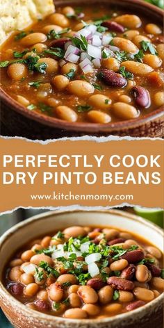 two pictures of different types of beans in a bowl with bread and vegetables on the side