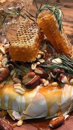 a wooden plate topped with lots of food