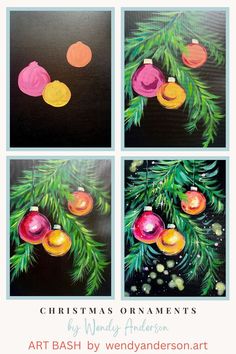 three paintings of christmas ornaments hanging from a tree