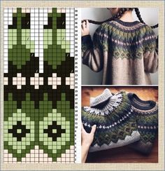 a knitted sweater with green and white designs on it, next to an image of a woman's hand