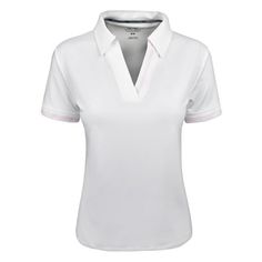 a women's white polo shirt with pink trims