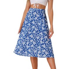 This chic, A-line midi skirt has a natural waist fit and a flared hem shaped by chiffon fabric. Hidden side zipper and pocket. Pair it with the matching top for a complete look. Easily teamed with a tucked-in blouse and high heels for a polished look. Gauzy woven fabric is dressed up with abstract white floral prints, shaping this whimsical skirt that falls from a natural waist into a twirly midi skirt creating a flattering, tailored fit. Midi Skirt Floral, Vintage Midi Skirt, Floral Print Midi Skirt, Skirts Blue, Floral Print Chiffon, Summer Vintage, Floral Midi Skirt, Vintage Floral Print, Midi Skirts