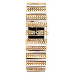 An 18 karat two-tone gold (yellow and white) diamond Piaget 'Polo' wrist watch. The diamonds weigh approximately 6 carats and are present throughout the whole watch, including in the square dial, which has black enamel. The movement is quartz. Length and width of case are 2 cm. Stamped 8131 C 725, 407158. Inner circumference is 6.25 inches. Please note that it is not guaranteed for the watch to be keeping time. Luxury Gold Diamond Watch With Single Cut Diamonds, Yellow Gold Rectangular Diamond Watch For Evening, Formal Yellow Gold Diamond Watch With Rectangular Shape, Gold Rectangular Diamond Watch With Polished Finish, Rectangular Yellow Gold Jewelry With Diamond Hour Markers, Timeless Gold Watches With Single Cut Diamonds, Luxury Yellow Gold Rectangular Diamond Watch, Rectangular Yellow Gold Diamond Watch, Evening Yellow Gold Diamond Watch With Rectangular Dial