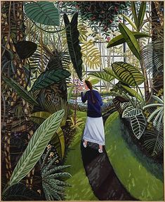 a painting of a woman walking through the jungle