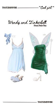 an image of a woman's dress and shoes with the words, wendy and tinkerbell from peter pan