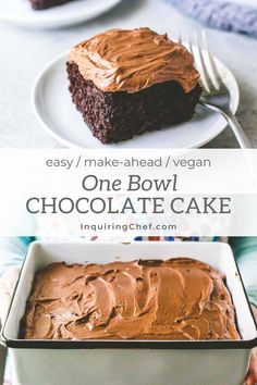 chocolate cake in a pan with frosting on top and the words, easy / make - ahead / vegan one bowl chocolate cake